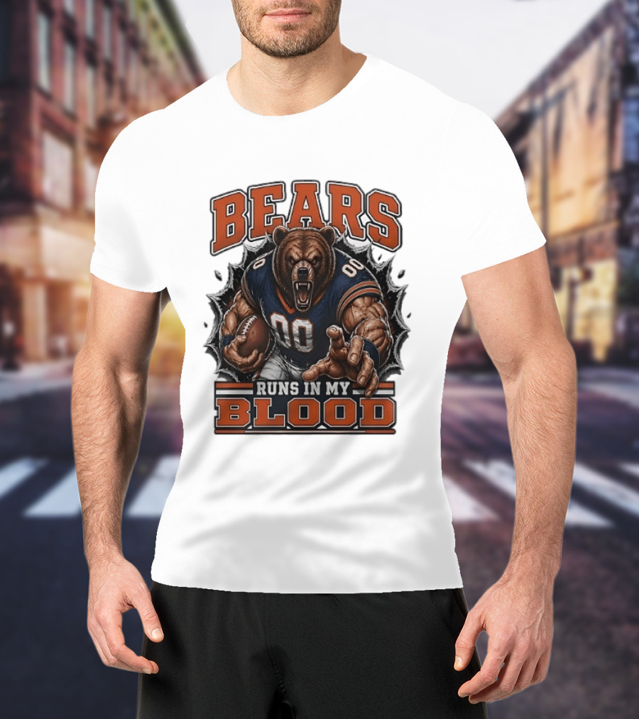 Bears Runs In My Blood Football Fierce Bear Holding Ball T-Shirt