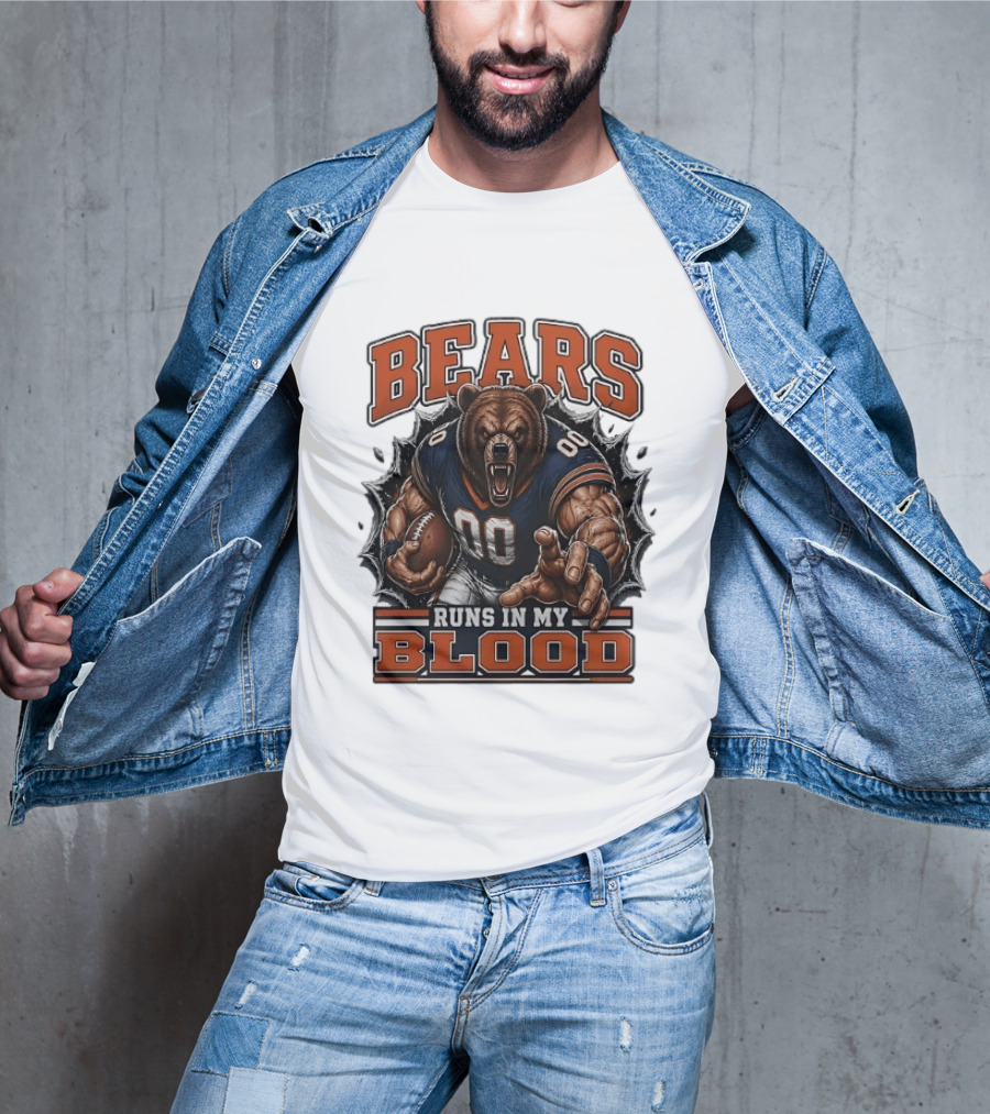 Bears Runs In My Blood Football Fierce Bear Holding Ball T-Shirt