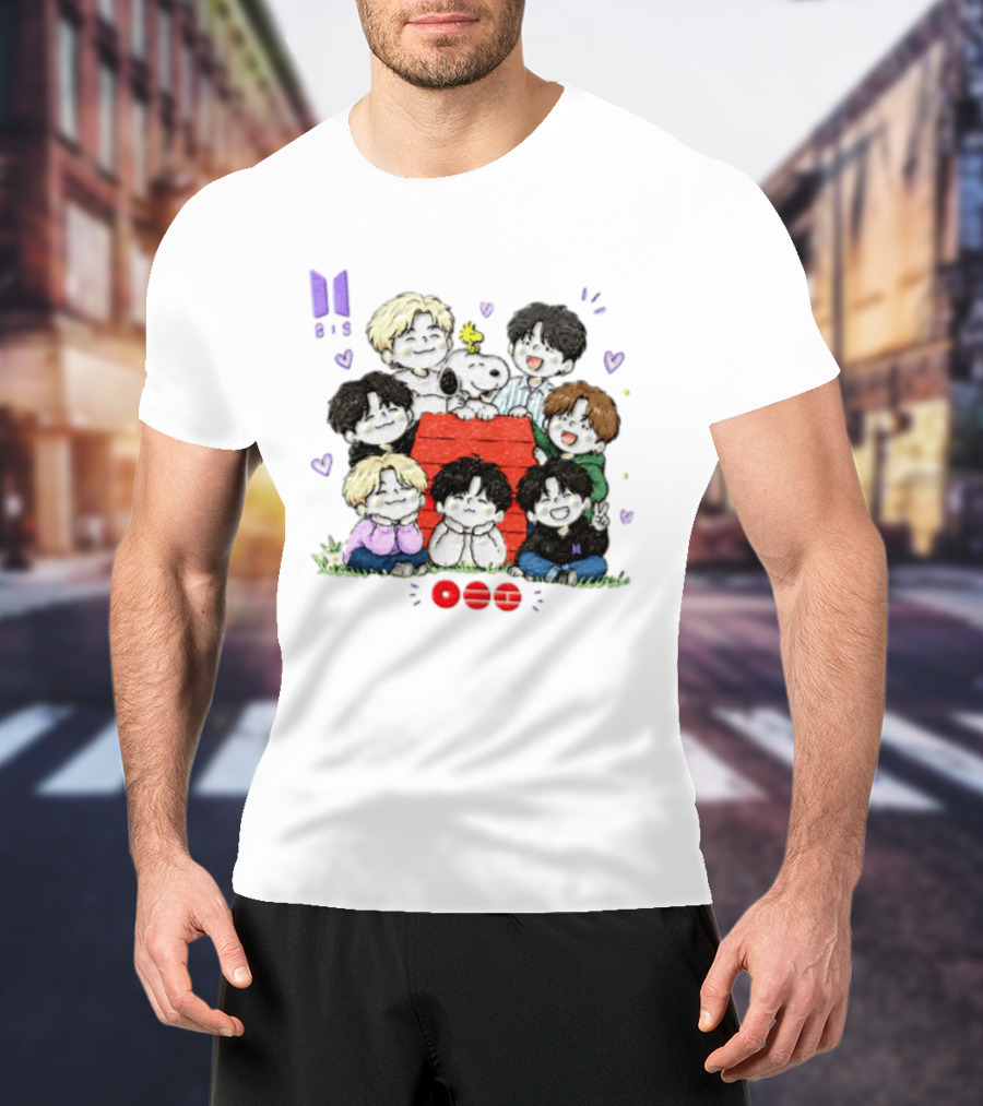 Snoopy Woodstock Peanuts BTS Members Cartoon Illustration Collaboration T-Shirt