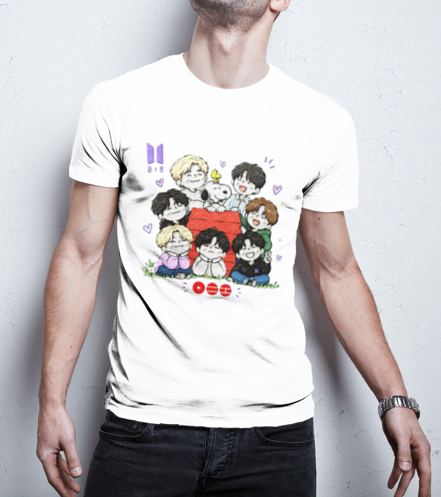 Snoopy Woodstock Peanuts BTS Members Cartoon Illustration Collaboration T-Shirt