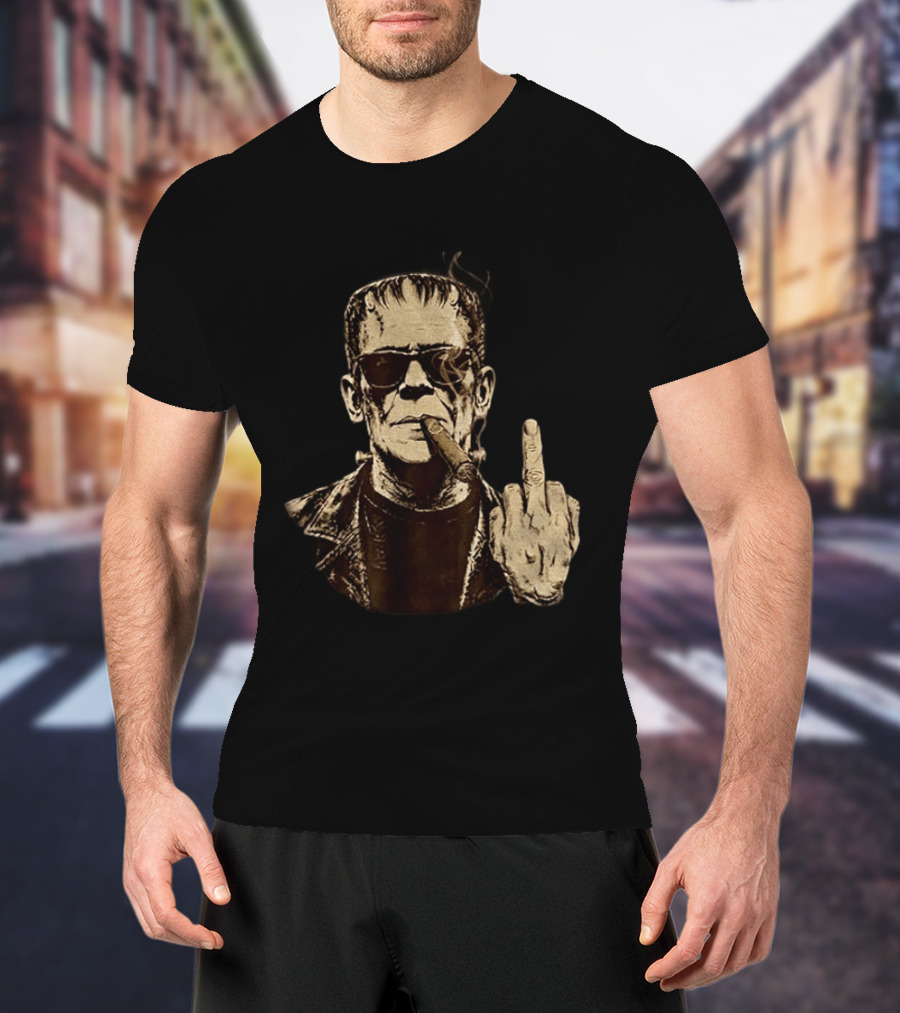 Frankenstein Cigar Middle Finger Smoking Horror Halloween T-Shirt