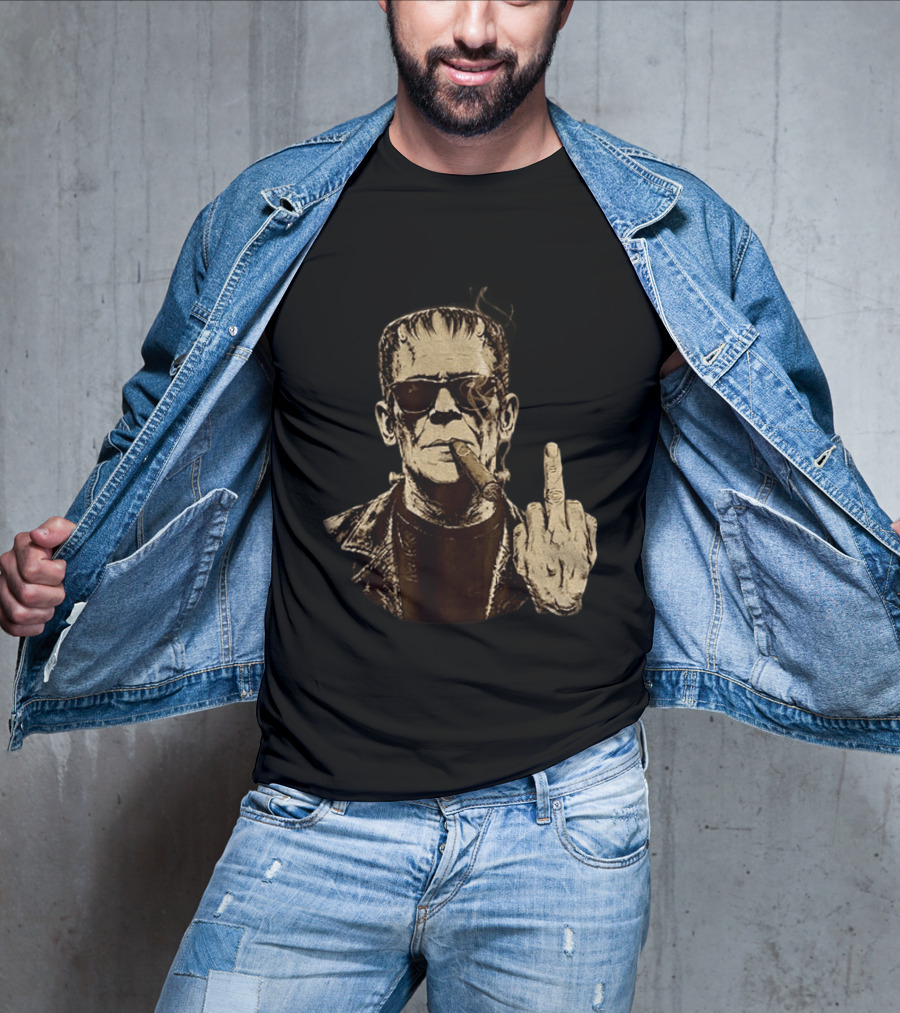 Frankenstein Cigar Middle Finger Smoking Horror Halloween T-Shirt