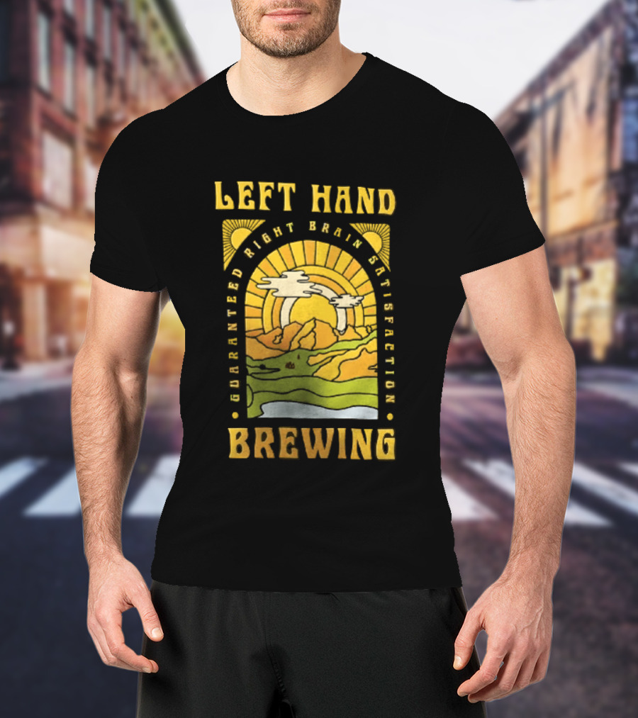 Left Hand Brewing Guaranteed Right Brain Satisfaction Sunburst River Landscape T-Shirt