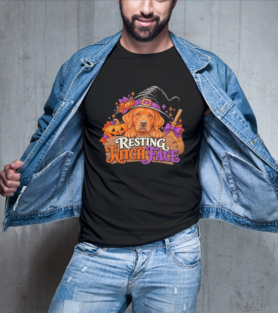 Resting Witch Face Dog Witch Hat Pumpkin Broom Halloween T-Shirt