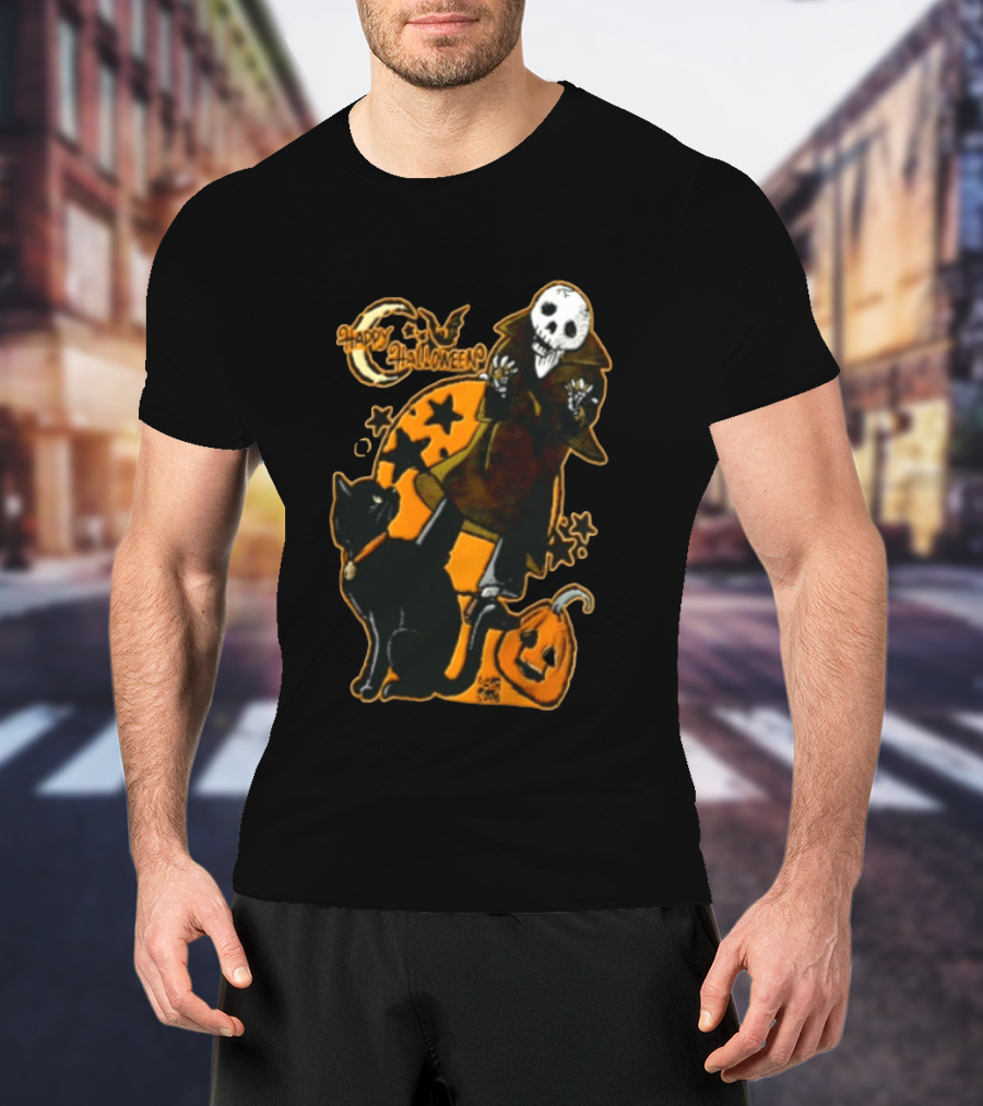Happy Halloween Skeleton With Black Cat And Pumpkin T-Shirt