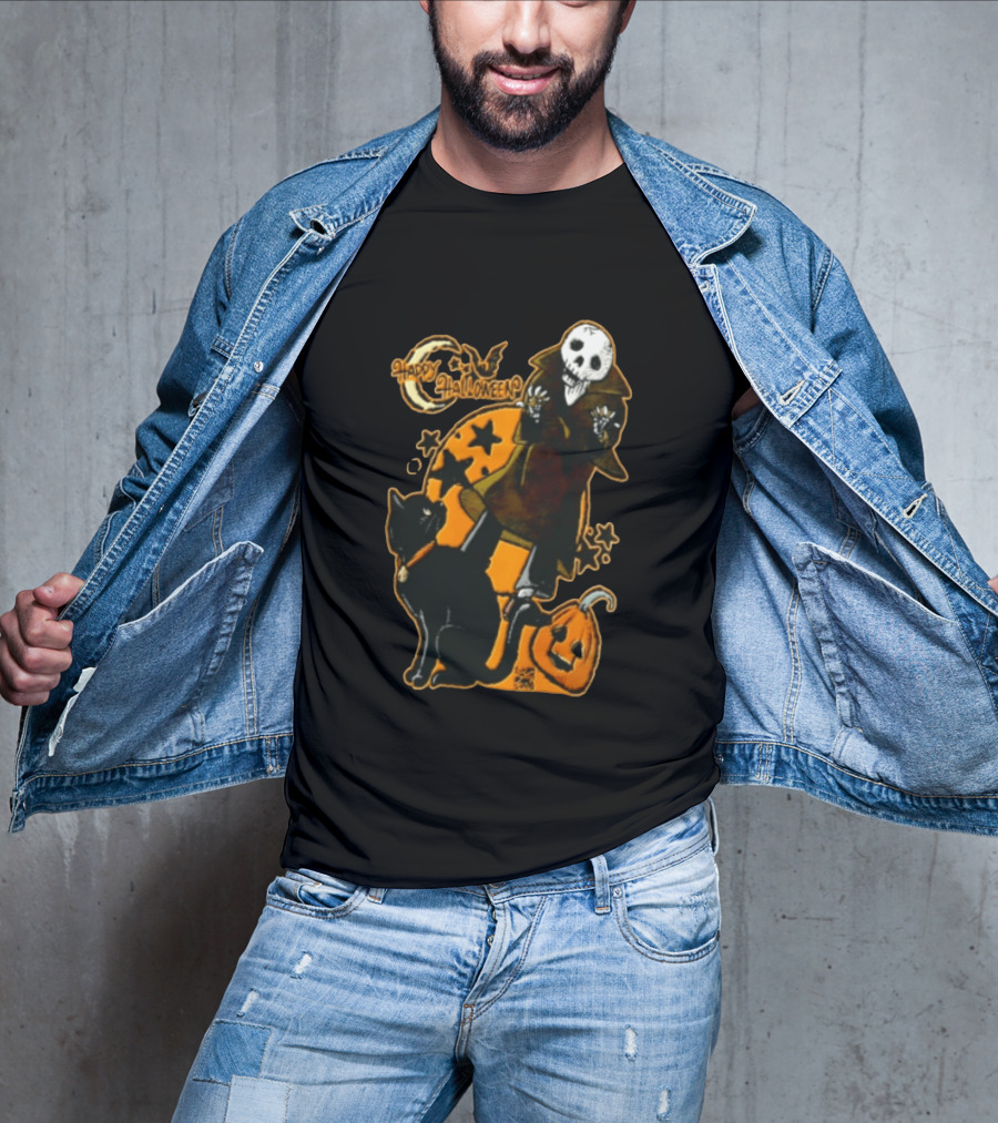 Happy Halloween Skeleton With Black Cat And Pumpkin T-Shirt