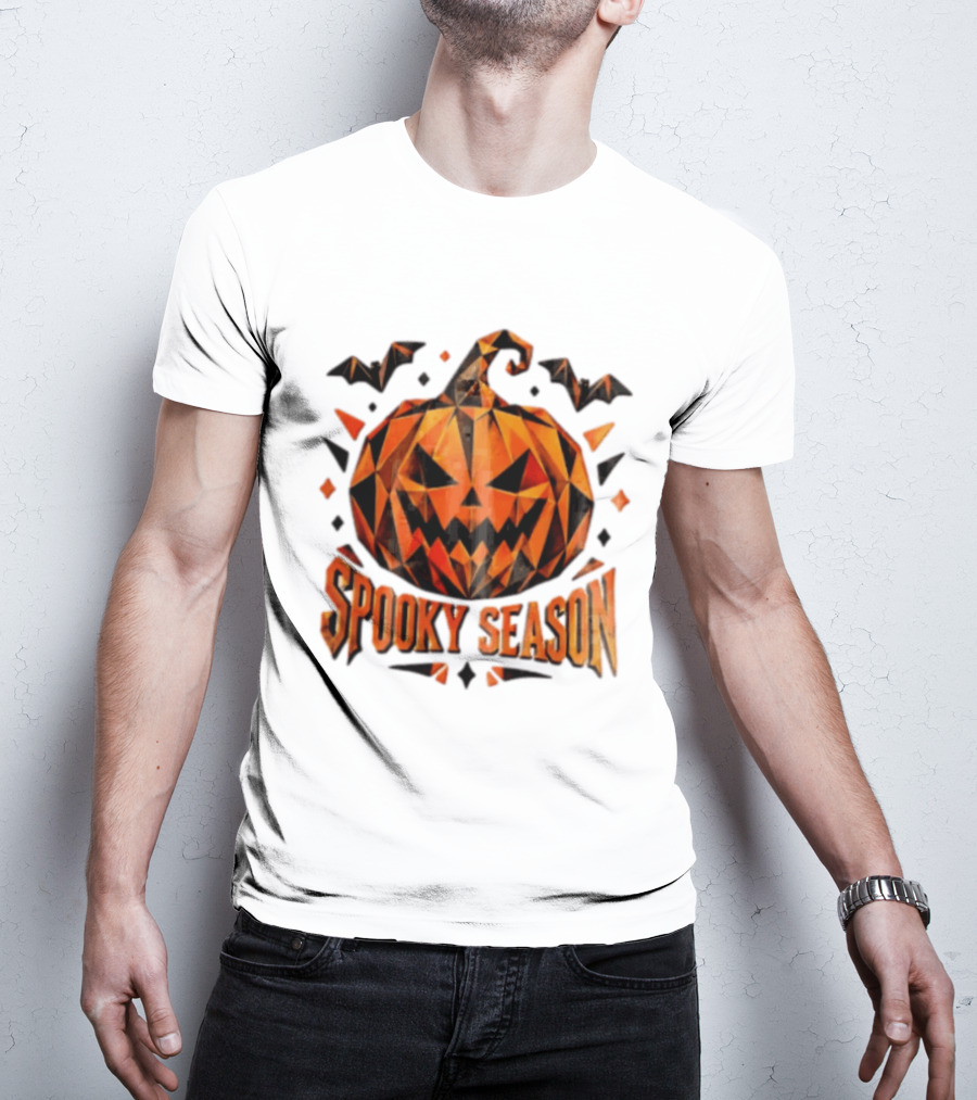 Spooky Season Geometric Pumpkin Halloween Bats T-Shirt