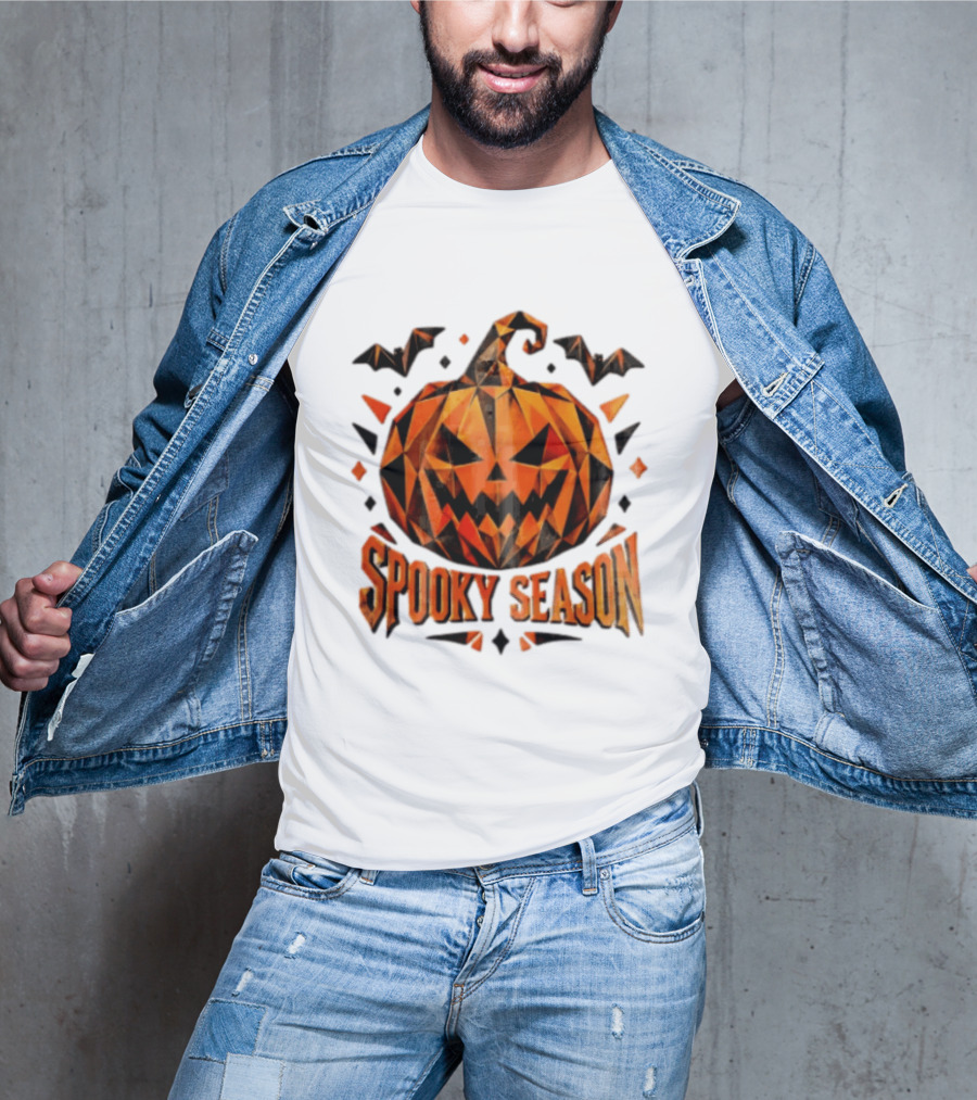 Spooky Season Geometric Pumpkin Halloween Bats T-Shirt