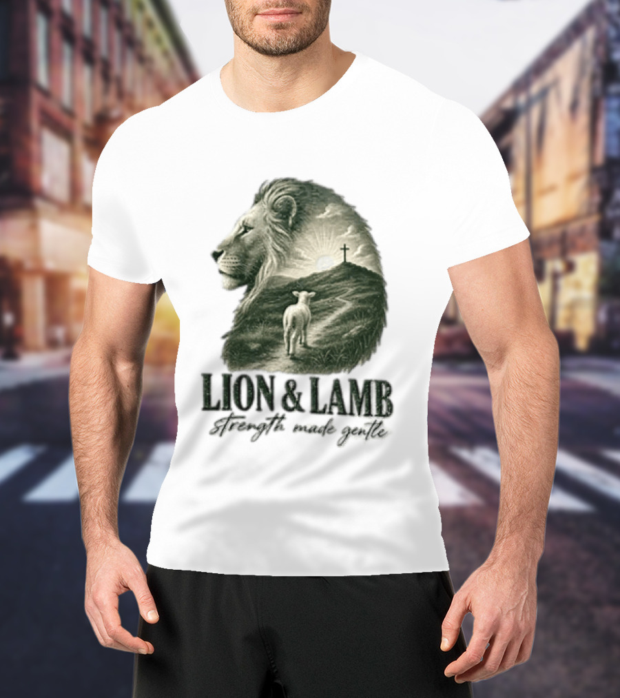 Lion And Lamb Strength Made Gentle Jesus Christ Cross Calvary Christian Faith T-Shirt