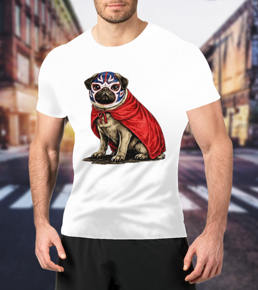 Lucha Libre Pug Red Cape Mexican Wrestling Dog Mask T-Shirt