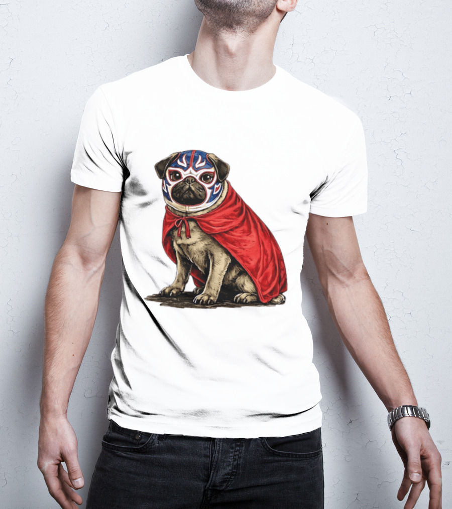 Lucha Libre Pug Red Cape Mexican Wrestling Dog Mask T-Shirt