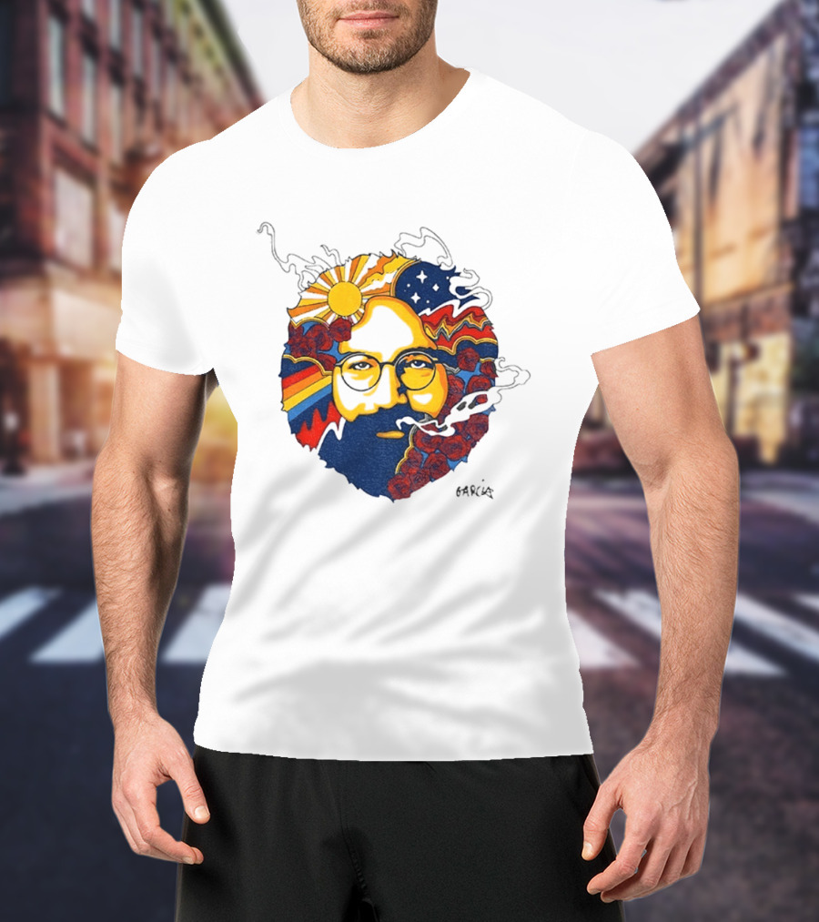 Psychedelic Jerry Garcia Face Sun Waves Stars Roses T-Shirt