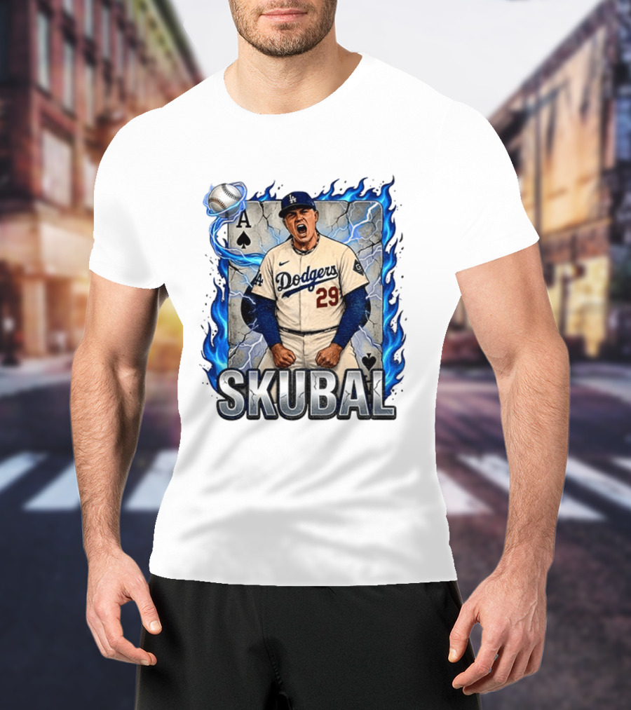 Skubal 29 Dodgers Ace Pitcher Playing Card Flames And Spade T-Shirt