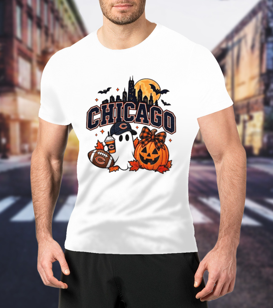 Chicago Bears Halloween Ghost Pumpkin Football Skyline Moon T-Shirt