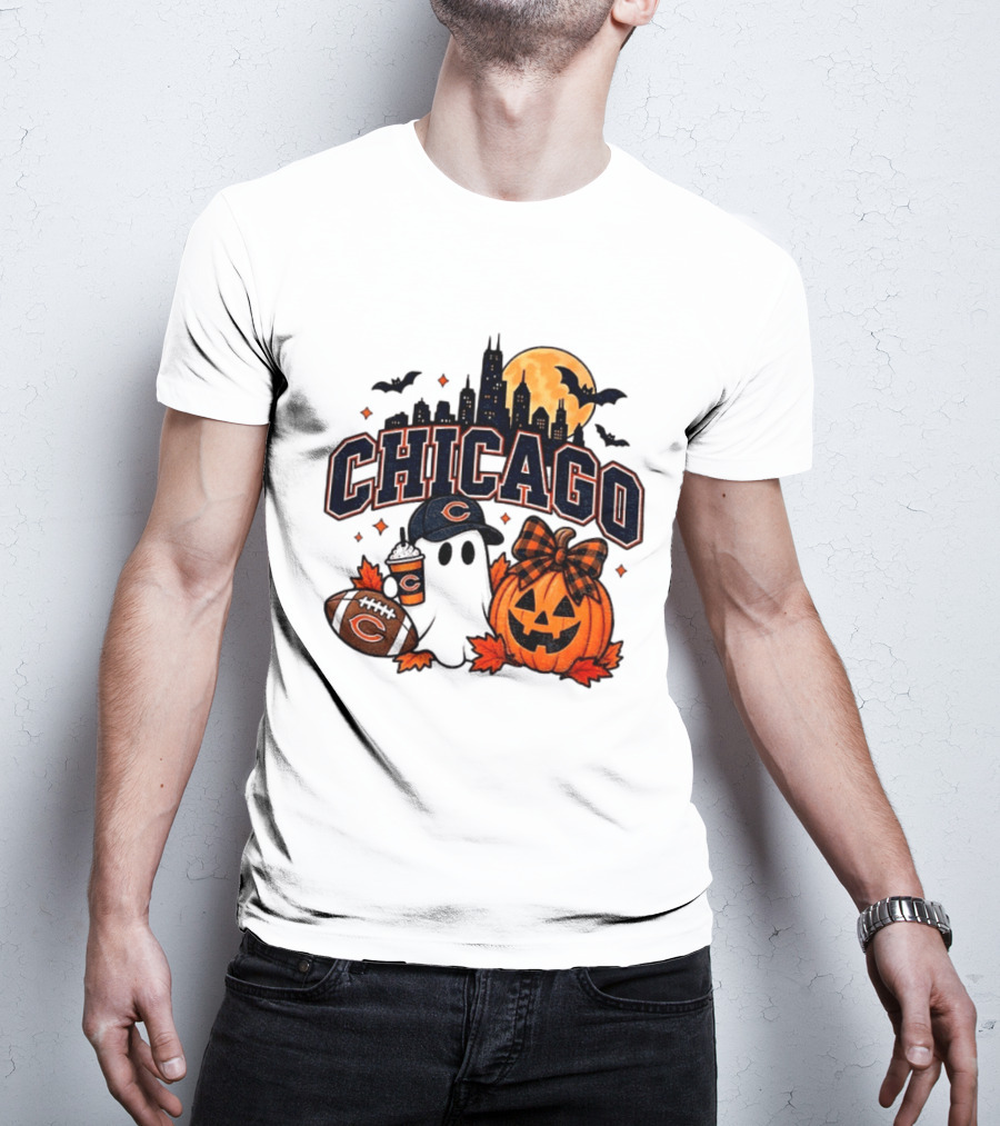 Chicago Bears Halloween Ghost Pumpkin Football Skyline Moon T-Shirt