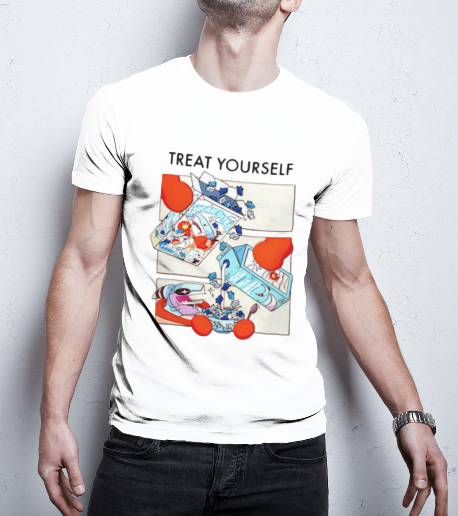 Treat Yourself Shork Bites Cereal Box Sharks Milk Breakfast Fun T-Shirt