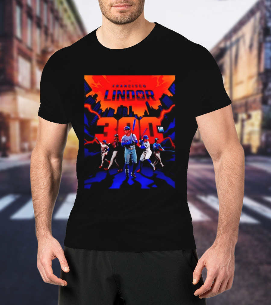 Francisco Lindor New York Mets 300 HR City Skyline Baseball Milestone T-Shirt