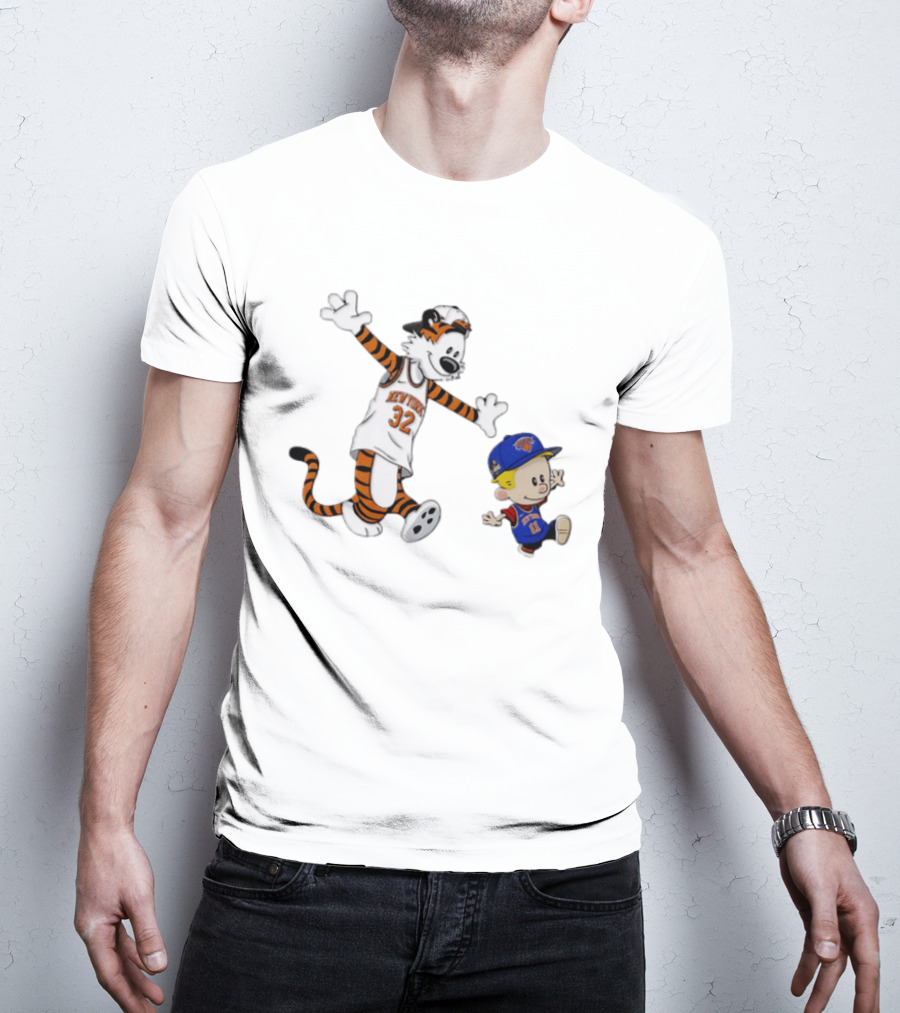 Calvin And Hobbes In New York Knicks NBA Jerseys With Classic Cartoon T-Shirt