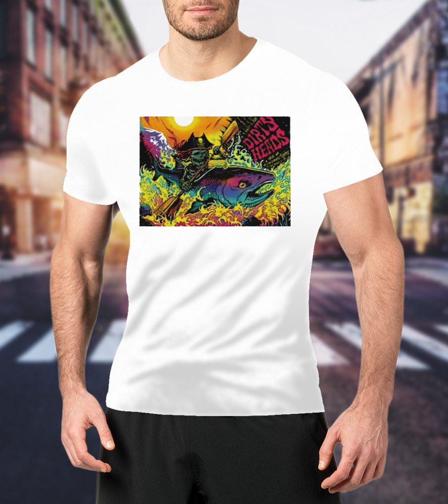 Dirty Heads Pirate Skeleton Kayaking Giant Fish Psychedelic Adventure T-Shirt