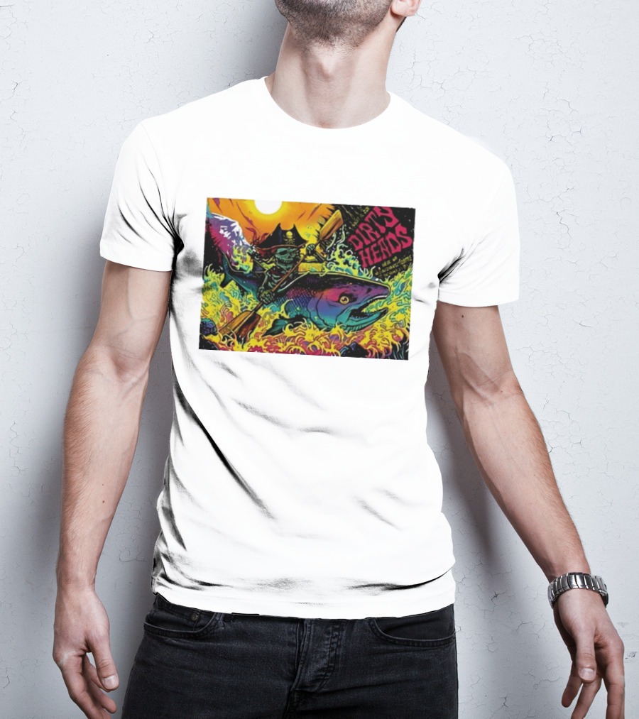 Dirty Heads Pirate Skeleton Kayaking Giant Fish Psychedelic Adventure T-Shirt