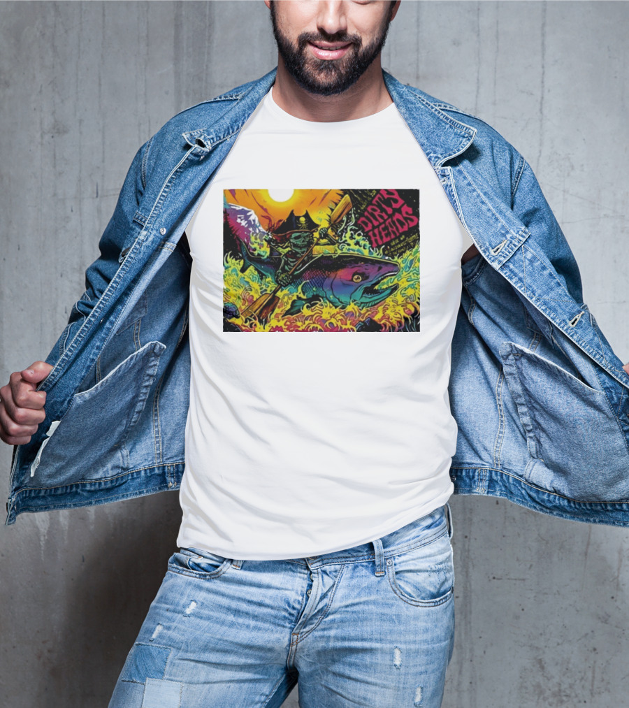 Dirty Heads Pirate Skeleton Kayaking Giant Fish Psychedelic Adventure T-Shirt
