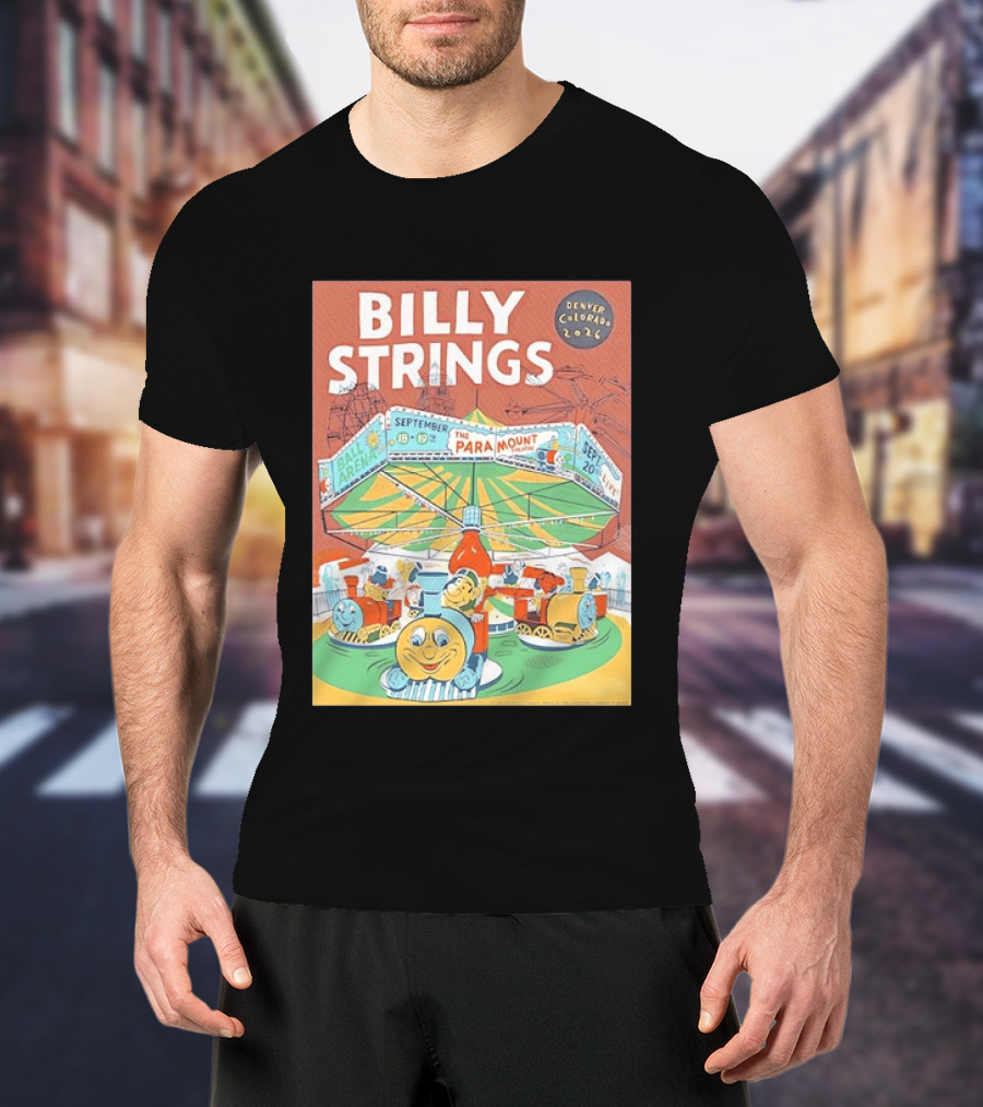 Billy Strings Denver Colorado 2026 Ball Arena Paramount Theatre September Concert Featuring Train Carousel Illustrations T-Shirt
