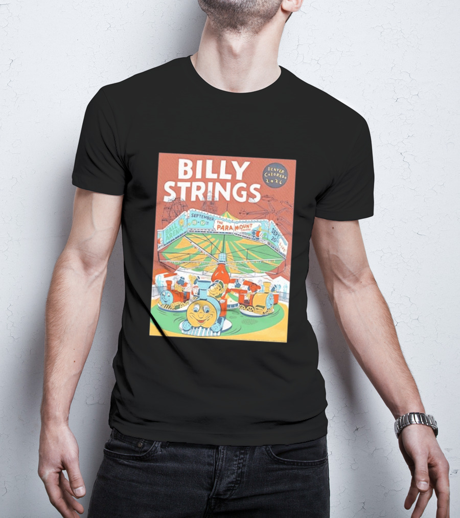 Billy Strings Denver Colorado 2026 Ball Arena Paramount Theatre September Concert Featuring Train Carousel Illustrations T-Shirt