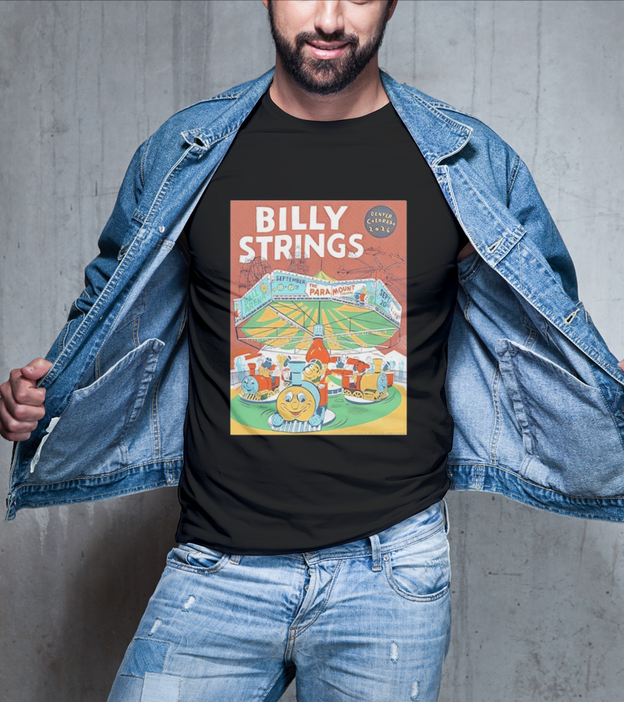 Billy Strings Denver Colorado 2026 Ball Arena Paramount Theatre September Concert Featuring Train Carousel Illustrations T-Shirt