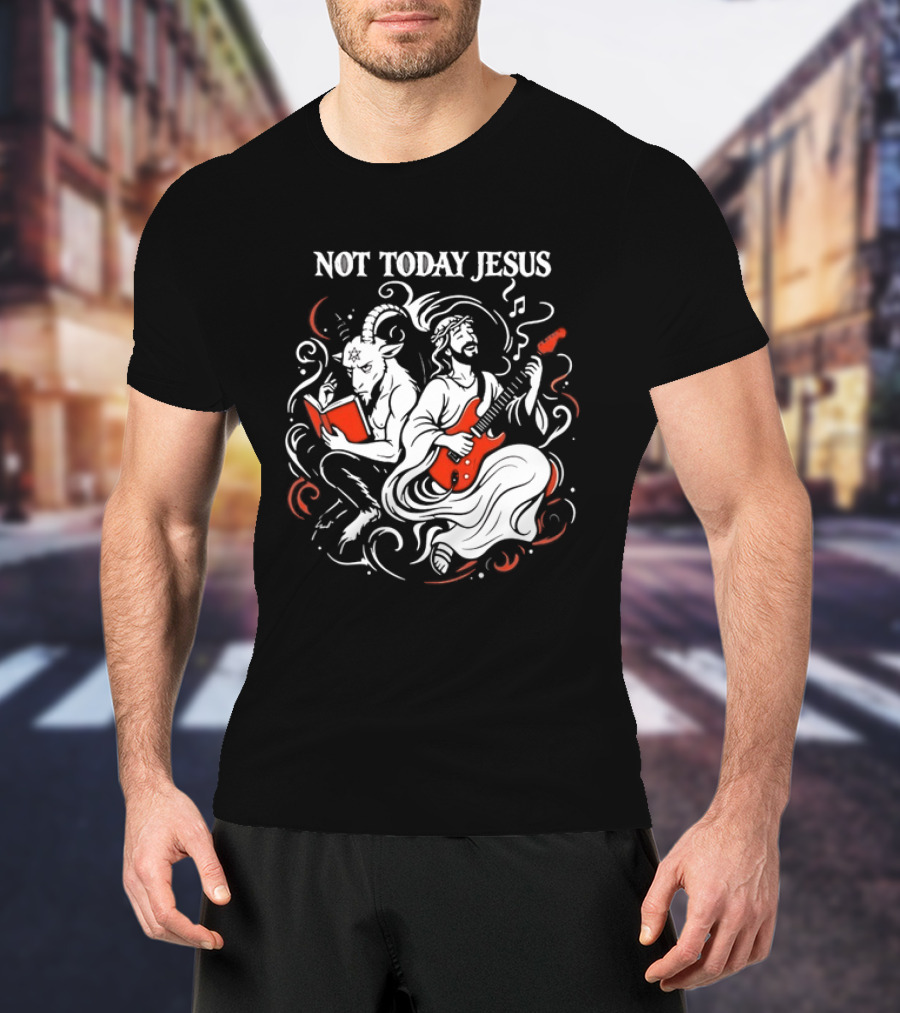 Not Today Jesus Guitar With Baphomet Goat T-Shirt