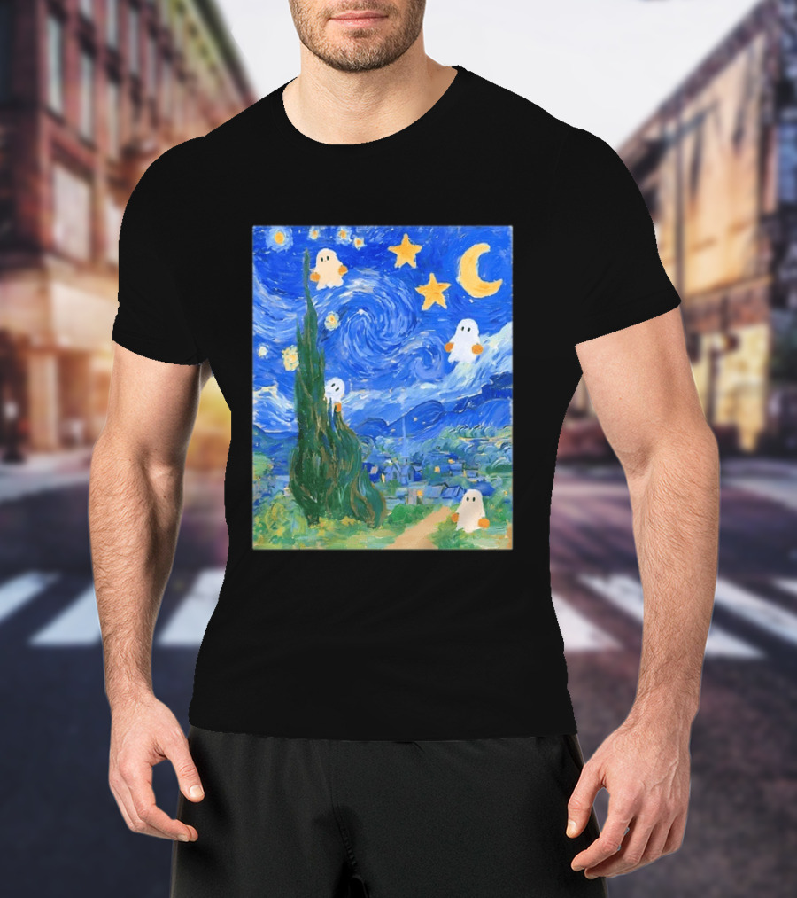 Starry Night Halloween Ghosts Vincent Van Gogh Painting T-Shirt