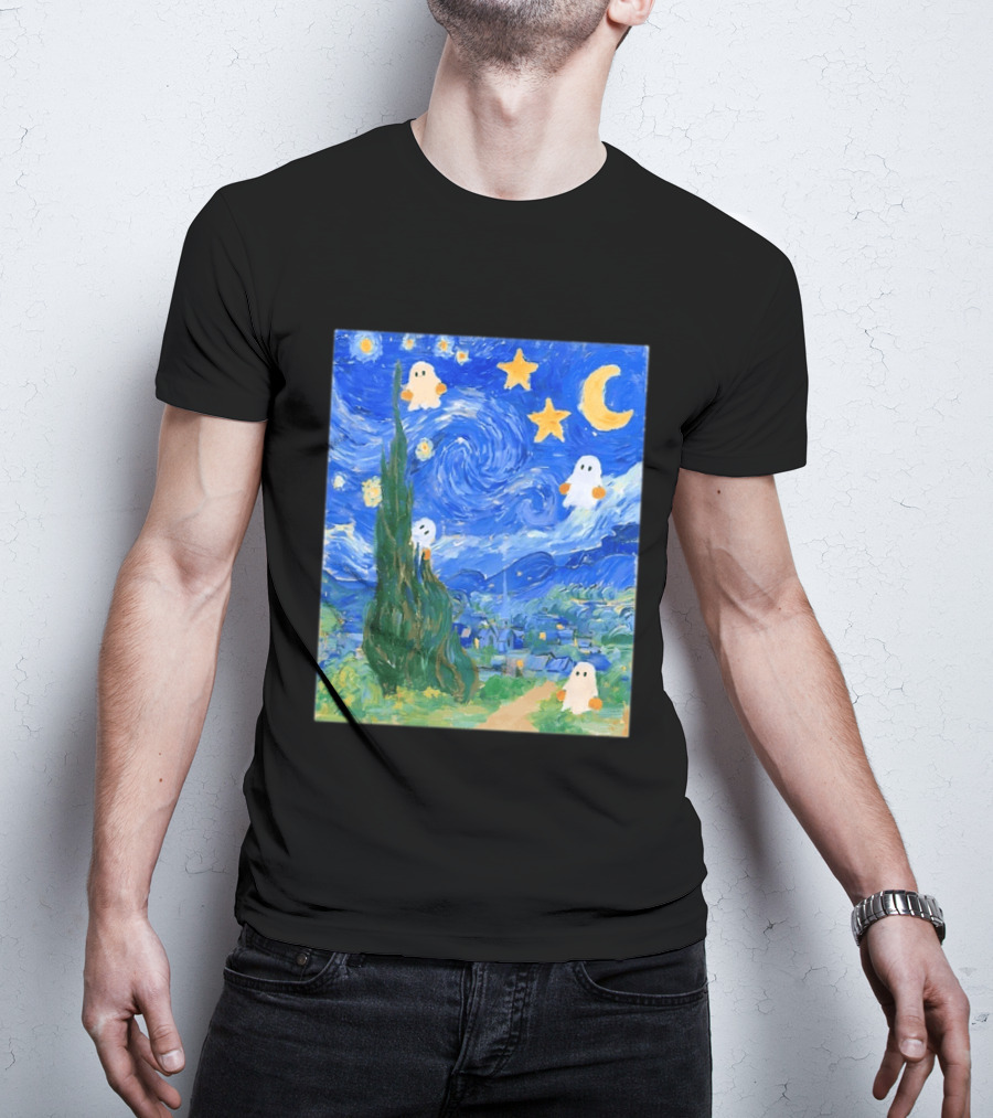 Starry Night Halloween Ghosts Vincent Van Gogh Painting T-Shirt