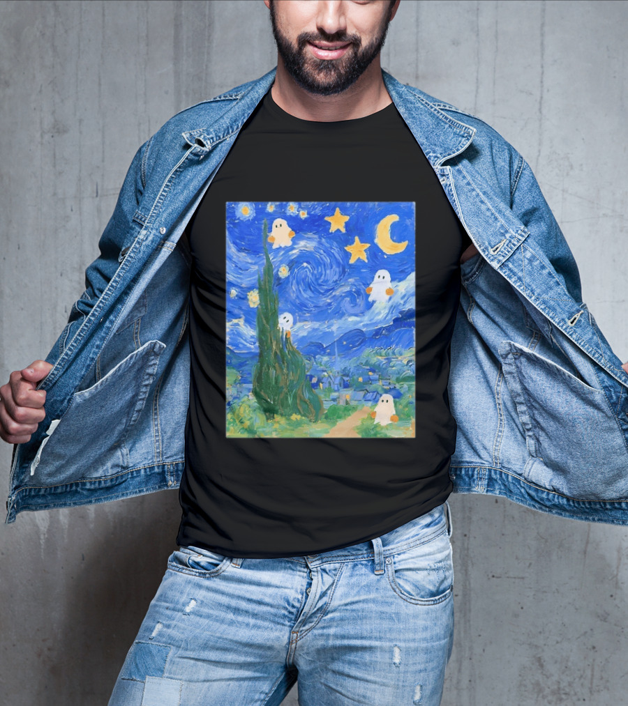 Starry Night Halloween Ghosts Vincent Van Gogh Painting T-Shirt