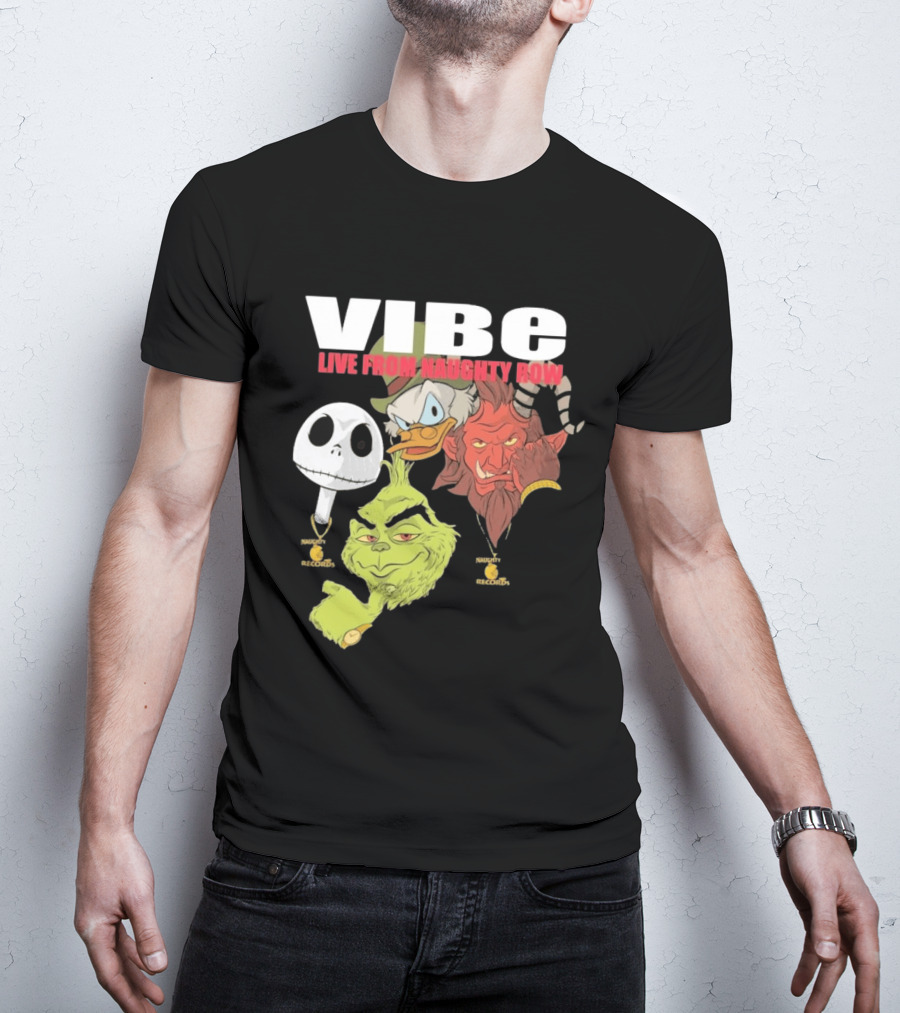 Vibe Live From Naughty Row Grinch Krampus Scrooge Jack Skellington Christmas Naughty Row Records T-Shirt
