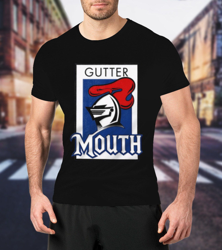 Guttermouth Newcastle Knights Collaboration Rugby League Iconic Helmet Red Blue T-Shirt