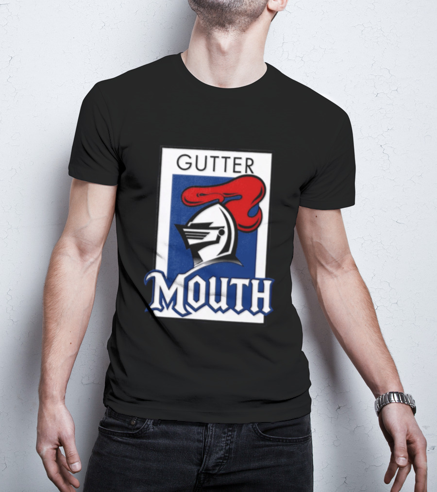 Guttermouth Newcastle Knights Collaboration Rugby League Iconic Helmet Red Blue T-Shirt