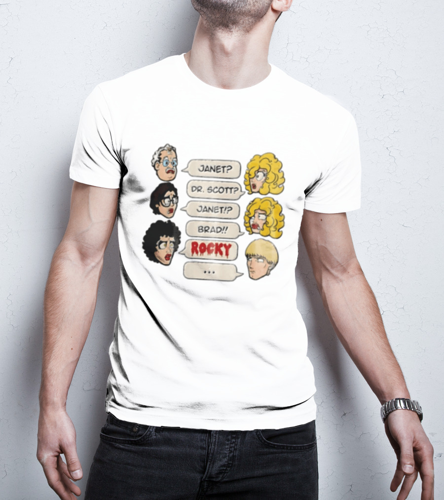 Janet Dr Scott Brad Rocky Horror Picture Show Speech Bubbles Cartoon Heads Dialogue T-Shirt