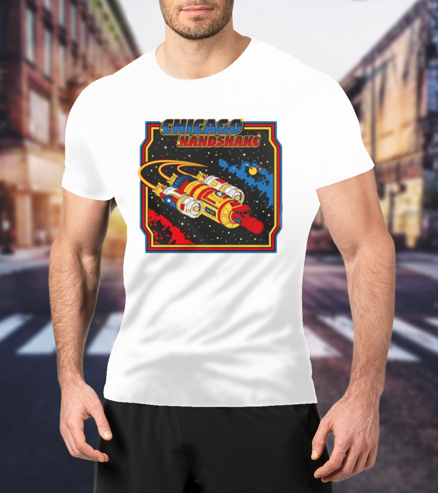 Chicago Handshake Spaceship Malort Old Lager Retro Sci Fi Space Adventure T-Shirt