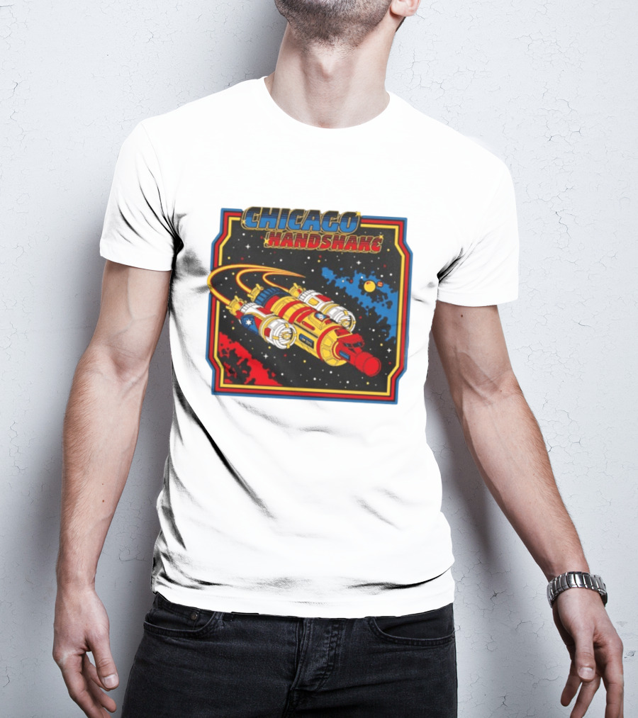 Chicago Handshake Spaceship Malort Old Lager Retro Sci Fi Space Adventure T-Shirt