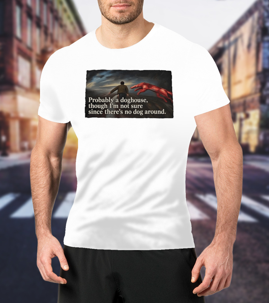 Probably A Doghouse Though I'm Not Sure Since There's No Dog Around Surreal Landscape With Figure And Red Creature T-Shirt