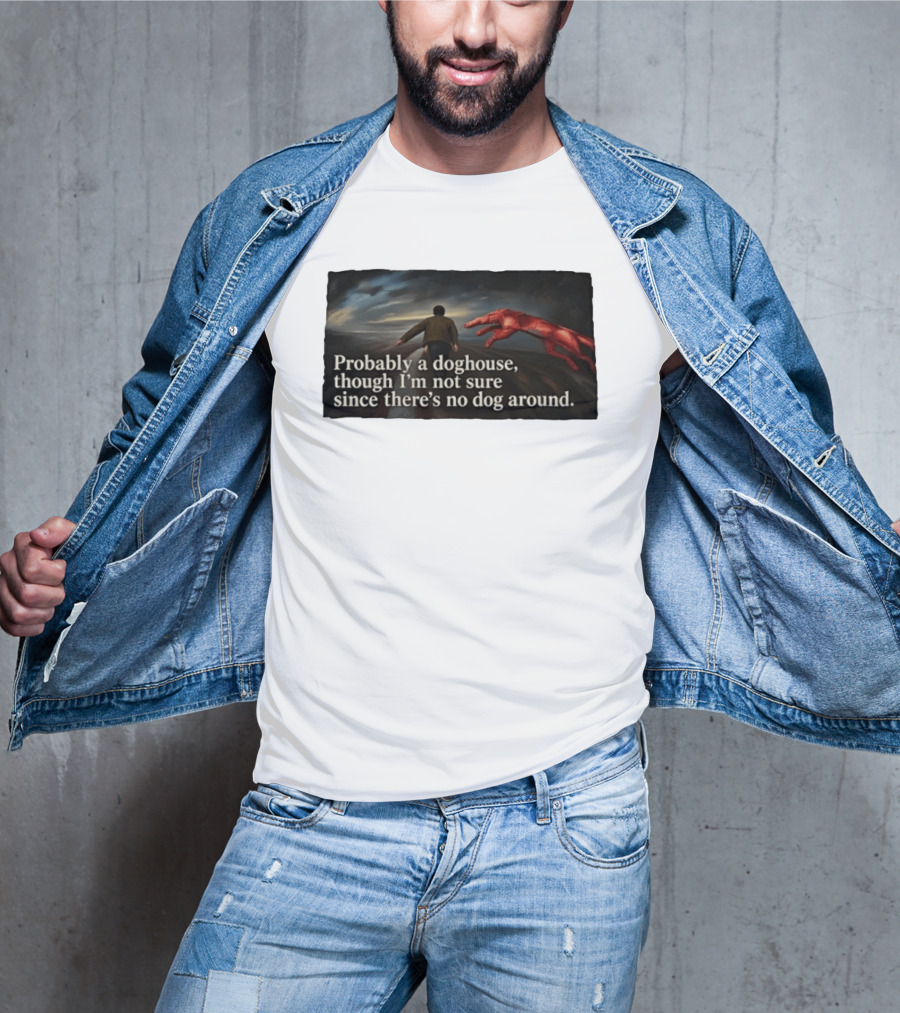Probably A Doghouse Though I'm Not Sure Since There's No Dog Around Surreal Landscape With Figure And Red Creature T-Shirt