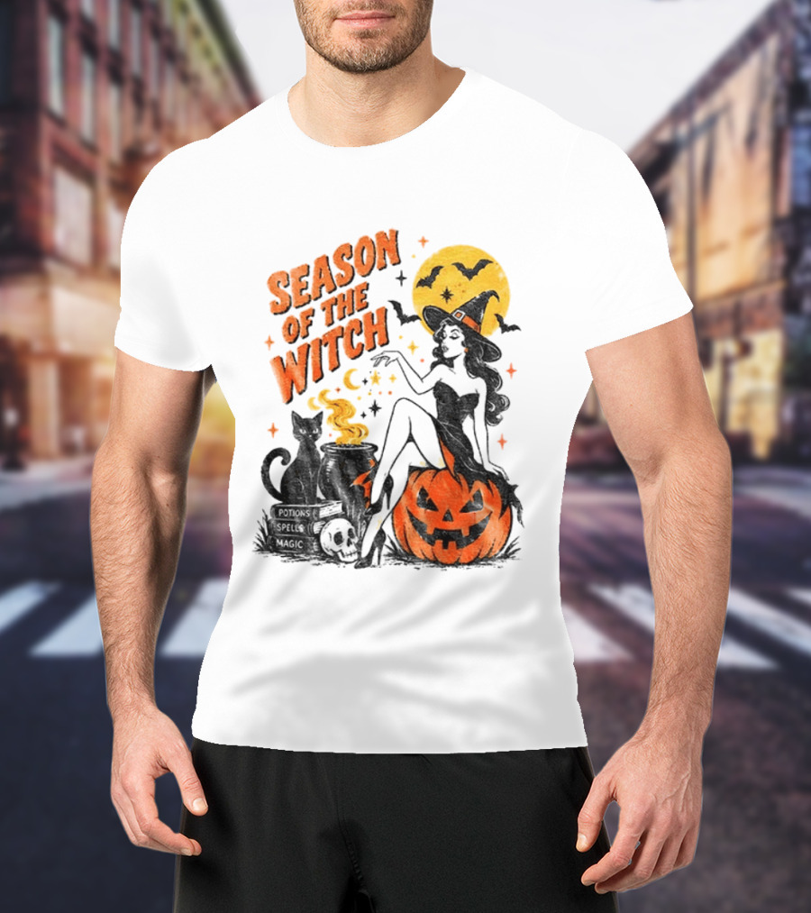 Season Of The Witch Halloween Spooky Season Full Moon Pumpkin Black Cat Bat T-Shirt