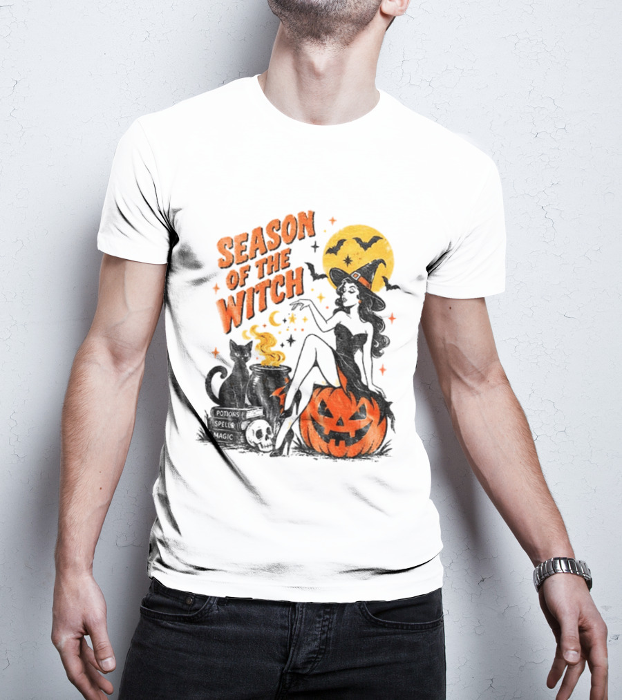 Season Of The Witch Halloween Spooky Season Full Moon Pumpkin Black Cat Bat T-Shirt