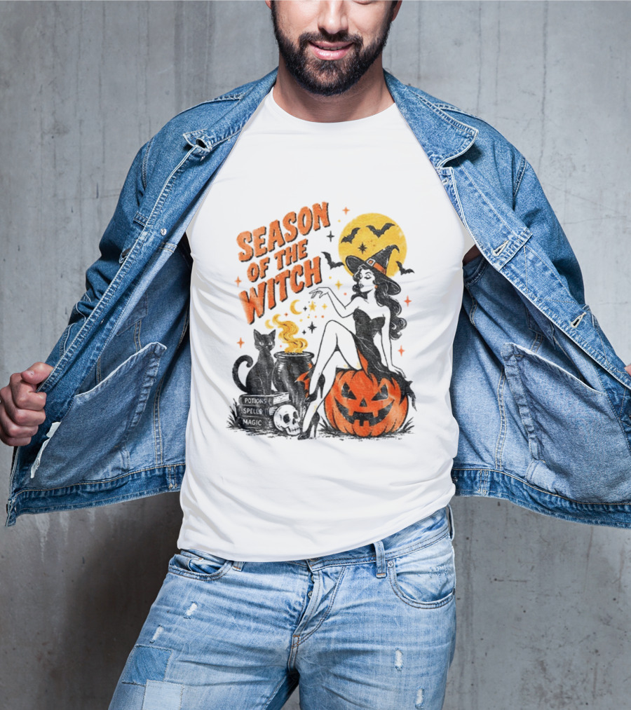 Season Of The Witch Halloween Spooky Season Full Moon Pumpkin Black Cat Bat T-Shirt
