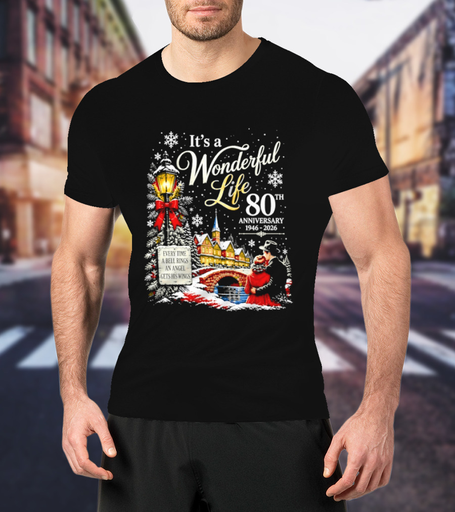 It's A Wonderful Life 80th Anniversary 1946 2026 Christmas Village Scene Snowflakes Lantern T-Shirt