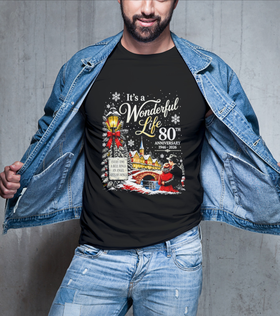 It's A Wonderful Life 80th Anniversary 1946 2026 Christmas Village Scene Snowflakes Lantern T-Shirt