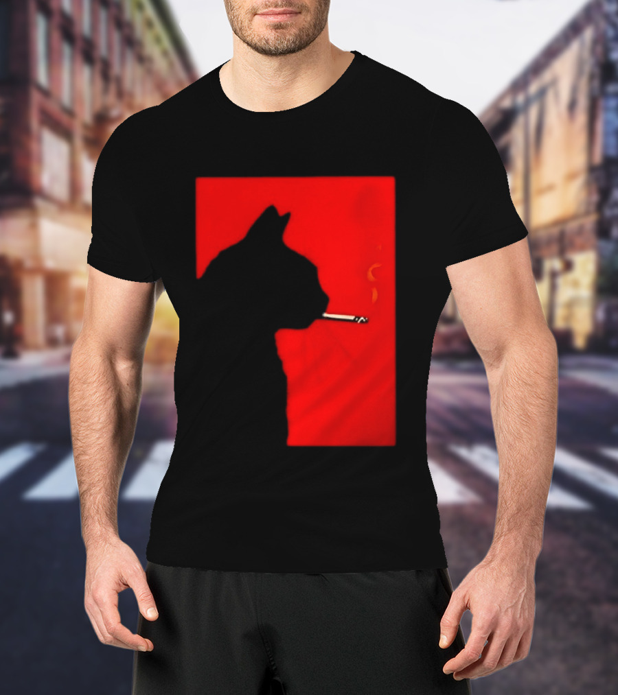 Black Cat Silhouette With Cigarette On Red T-Shirt
