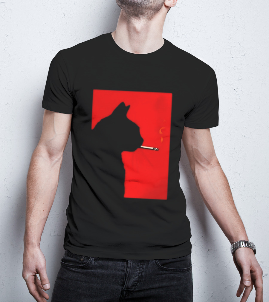 Black Cat Silhouette With Cigarette On Red T-Shirt
