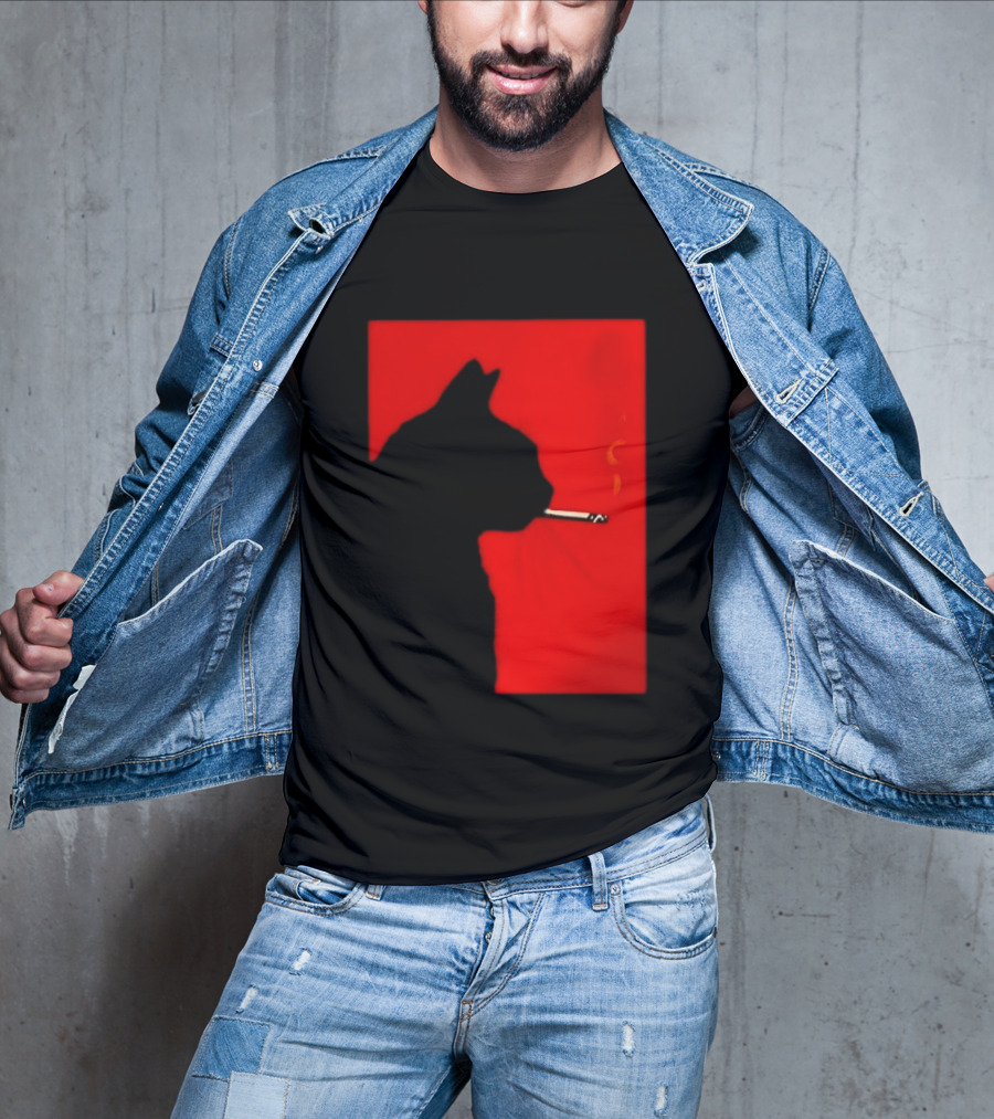 Black Cat Silhouette With Cigarette On Red T-Shirt