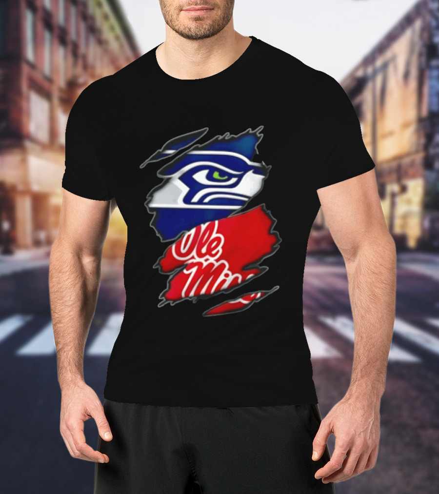 Seattle Seahawks Ole Miss Rebels Ripped Fabric Reveal T-Shirt