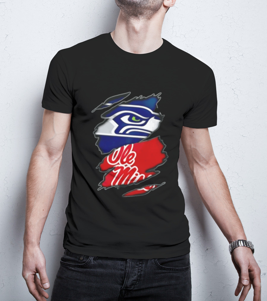 Seattle Seahawks Ole Miss Rebels Ripped Fabric Reveal T-Shirt